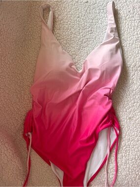Pink Ombre One Piece Swimsuit Large Plunge V Neck Side Tie Bathing Suit